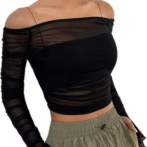 Women's Off-Shoulder Long Sleeve Crop Top – Sheer Mesh, Ruched - XS